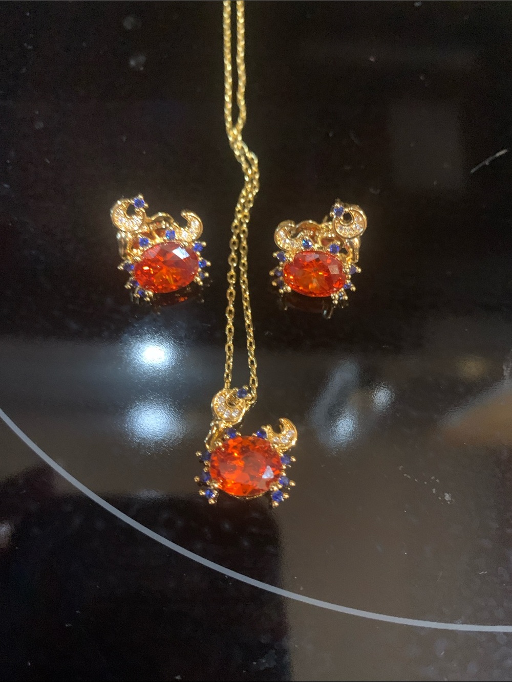 Gold-Plated Orange Crystal Crab Pendant & Earrings Set